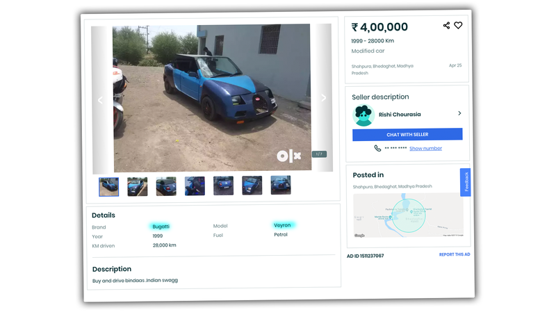 Illustration for article titled There's a $6,000 Bugatti Veyron for Sale in India, I'm Pretty Sure